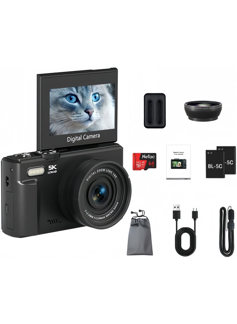Lecran 5K Point and Shoot Digital Camera, 75MP for Photography, 2 Batteries, Wide Angle & Macro Lens, With 64GB TF Card, 18X Digital Camera with 3" 180° Flip Screen - Image 2